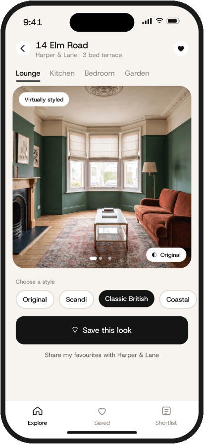 A buyer restyling the lounge at 14 Elm Road on their phone